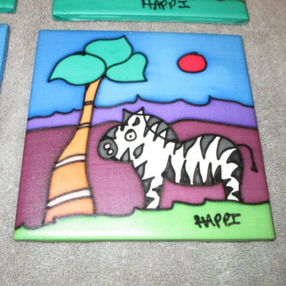 4X Lot African Painted Silk Ceramic Tiles Safari Wall Art Signed Elephant Zebra - Picture 4 of 7